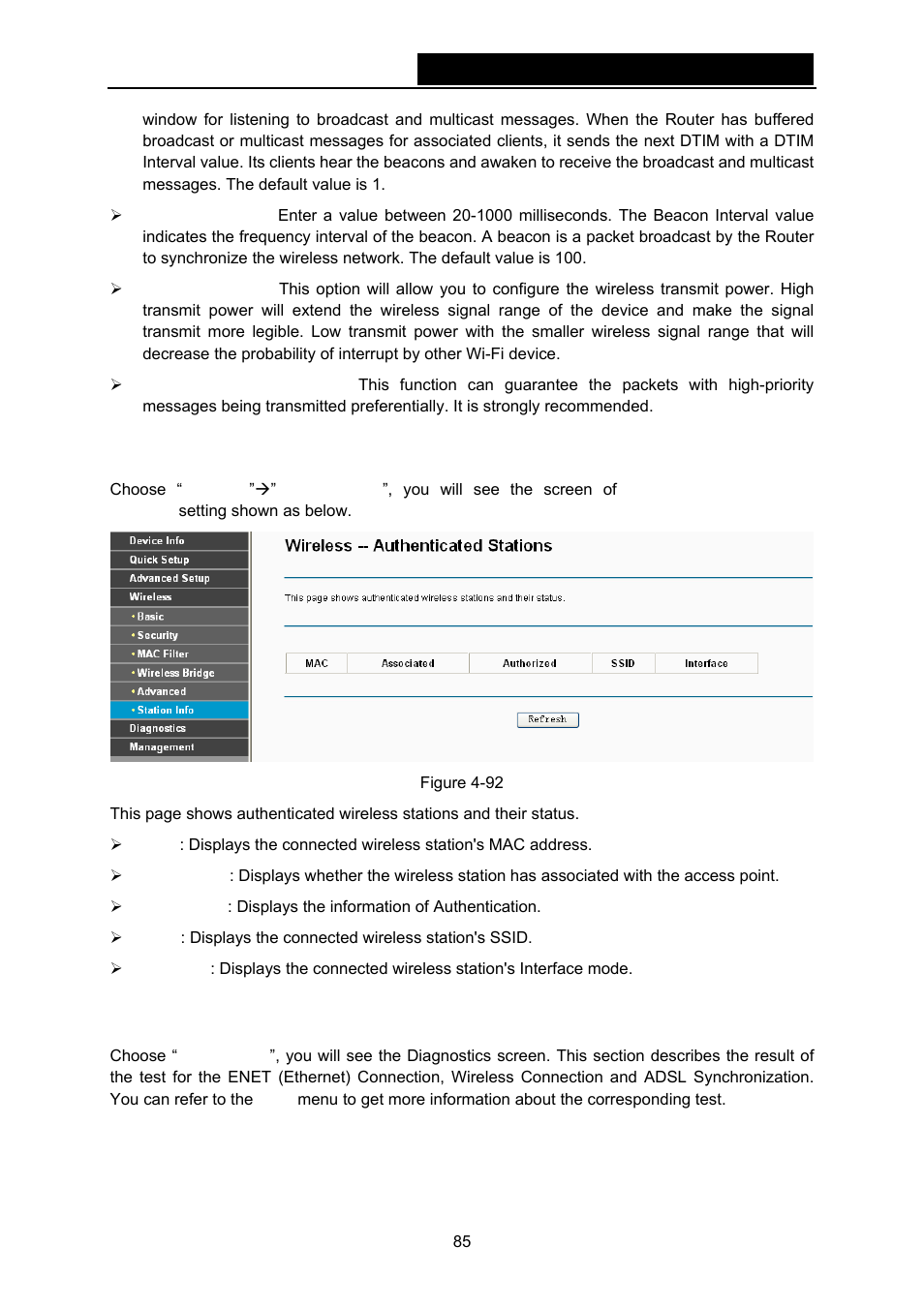 6 station info, 6 diagnostics, Diagnostics | TP-Link TD-W8970N User Manual | Page 92 / 116
