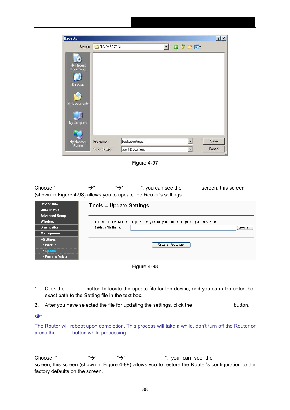 2 update, 3 restore default, As the appointed file (shown in figure 4-97 | TP-Link TD-W8970N User Manual | Page 95 / 116