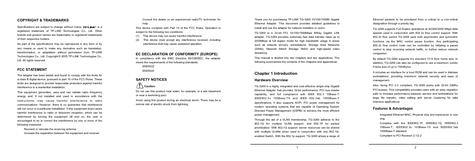 Т³гж 2, Chapter 1 introduction, Fcc statement | Copyright & trademarks, Ec declaration of conformity (europe), Safety notices, Hardware overview, Features & advantages | TP-Link TG-3269 User Manual | Page 2 / 2