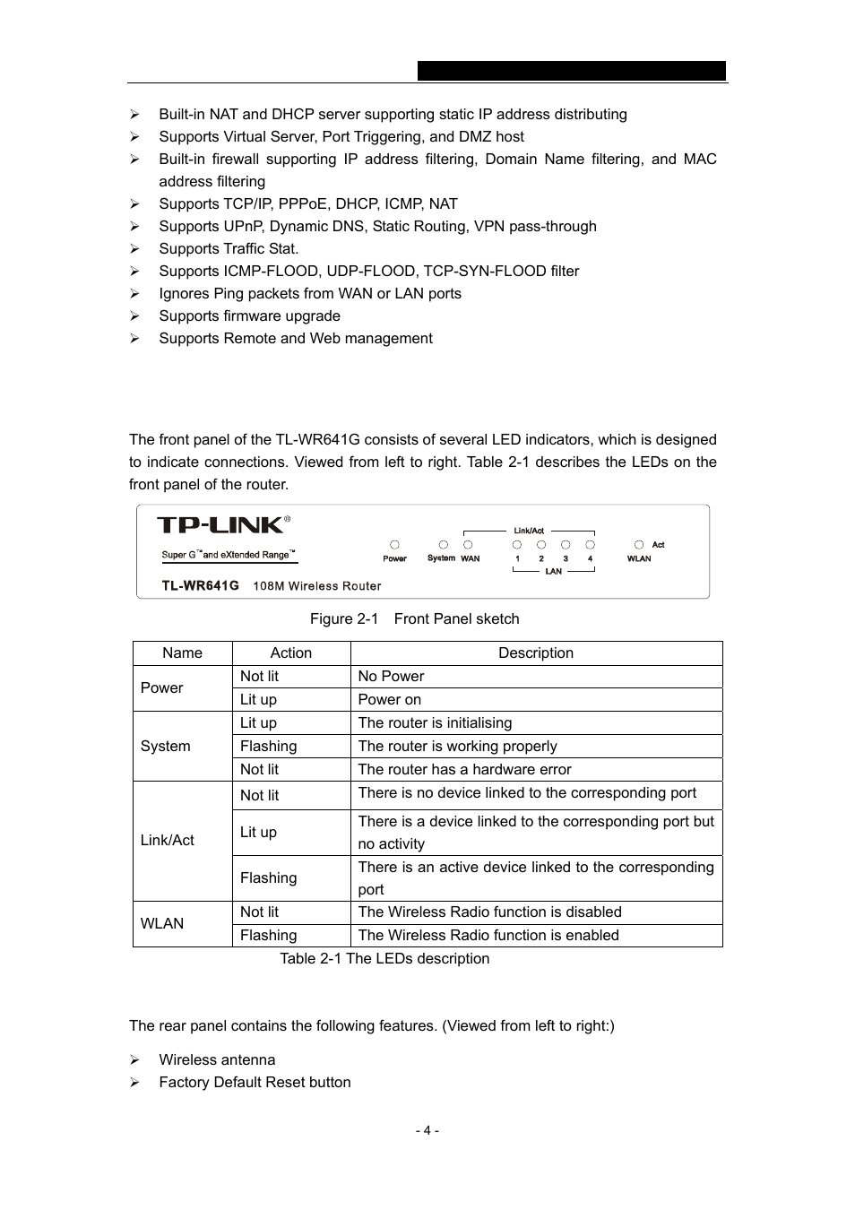 3 panel layout, 1 the front panel, 2 the rear panel | 1 the front panel 2.3.2 the rear panel | TP-Link TL-WR641G User Manual | Page 10 / 67