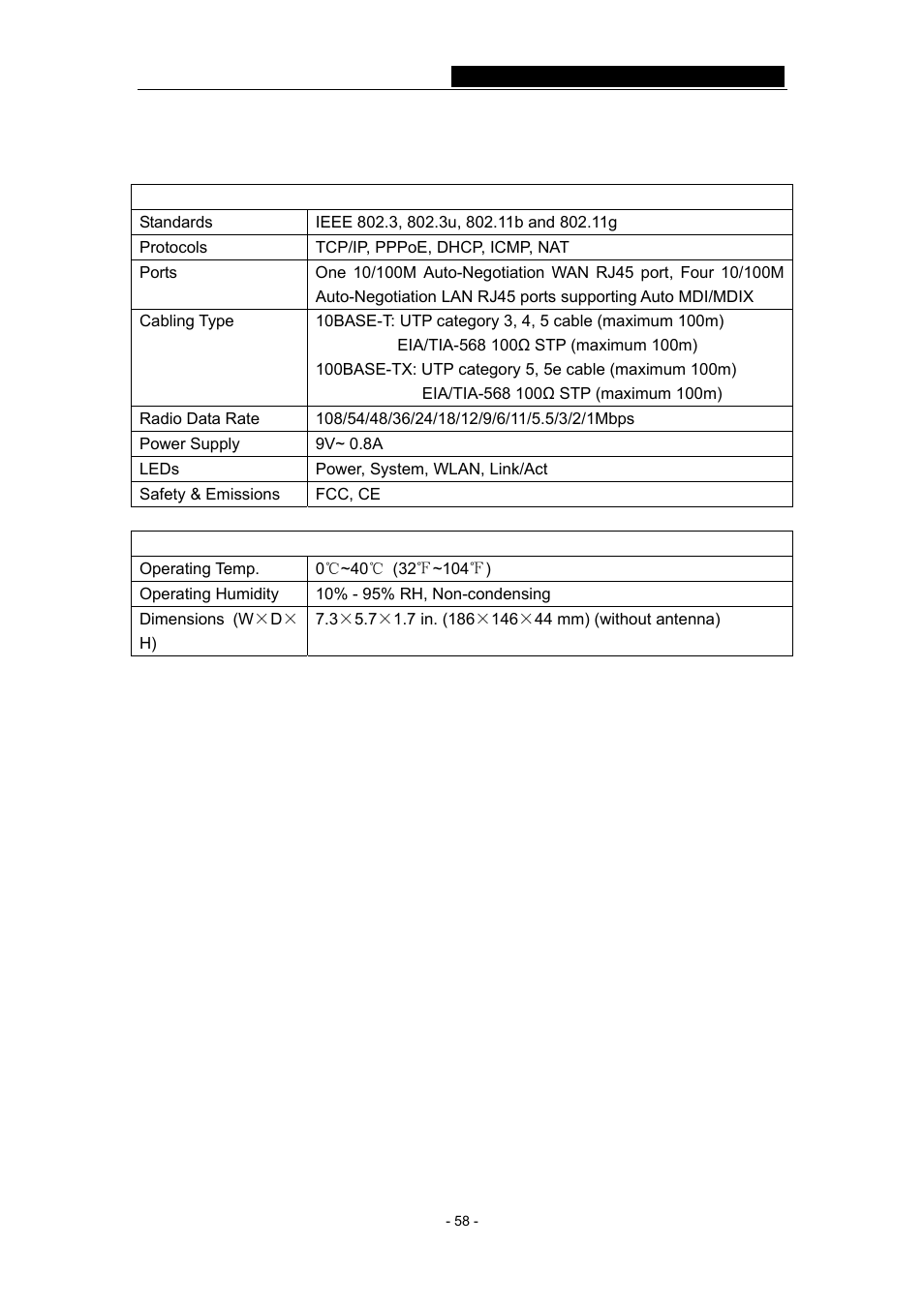 Appendix c: specifications | TP-Link TL-WR641G User Manual | Page 64 / 67