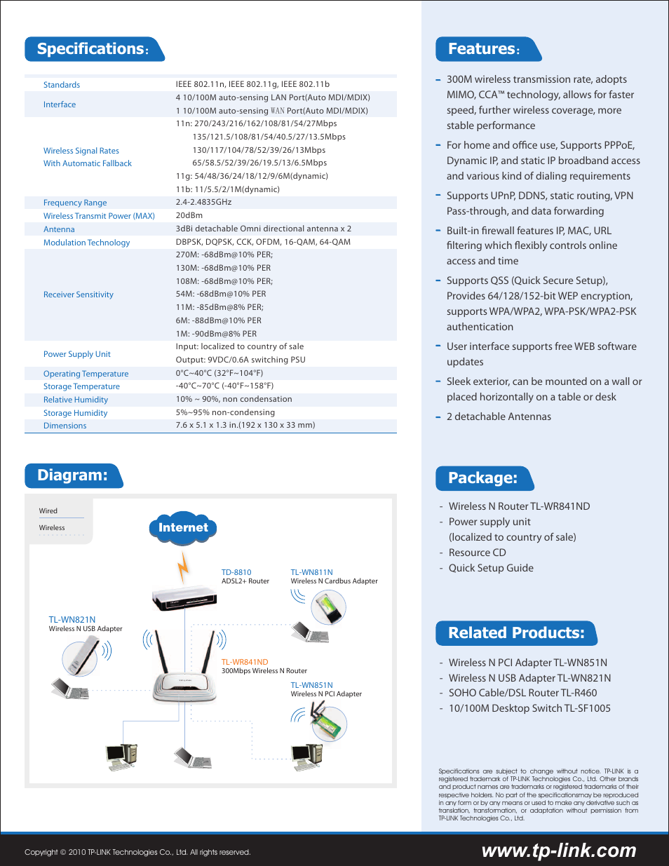 Features ： specifications, Related products, Diagram | Package | TP-Link TL-WR841ND User Manual | Page 2 / 2