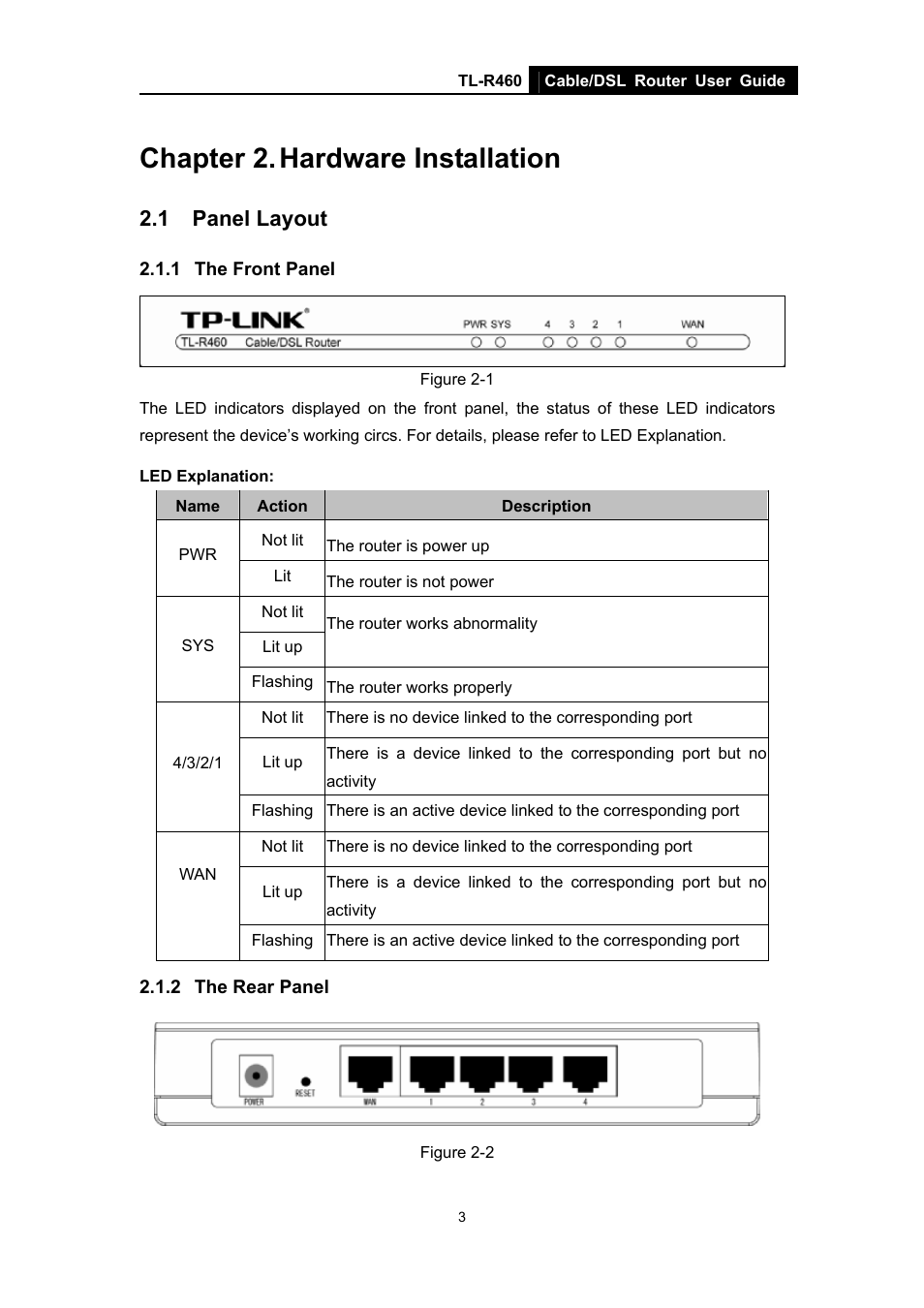 Chapter 2. hardware installation, 1 panel layout, 1 the front panel | 2 the rear panel, Panel layout, The front panel, The rear panel | TP-Link TL-R460 User Manual | Page 10 / 77