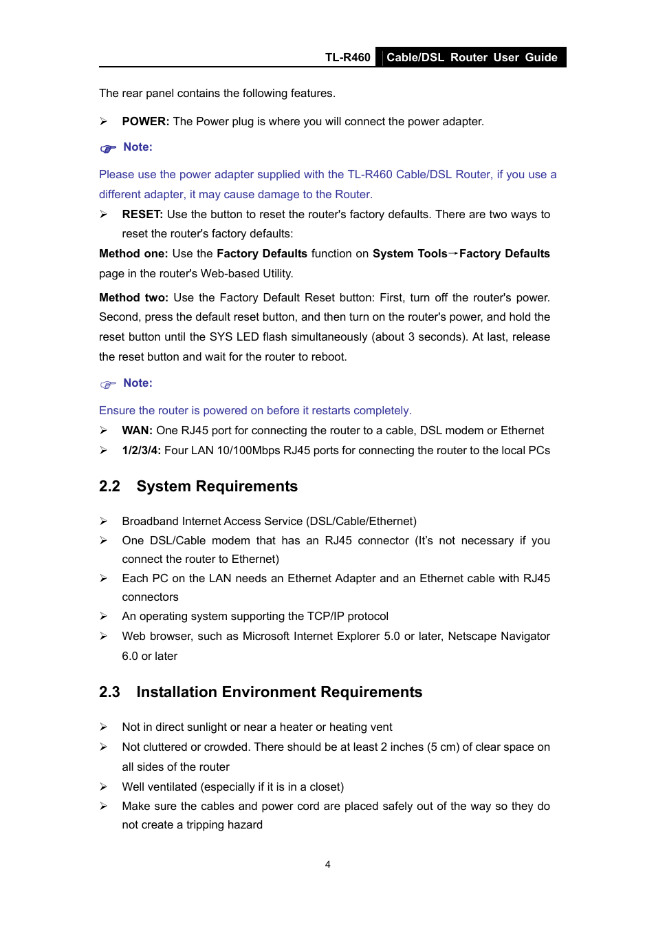 2 system requirements, 3 installation environment requirements, System requirements | Installation environment requirements | TP-Link TL-R460 User Manual | Page 11 / 77