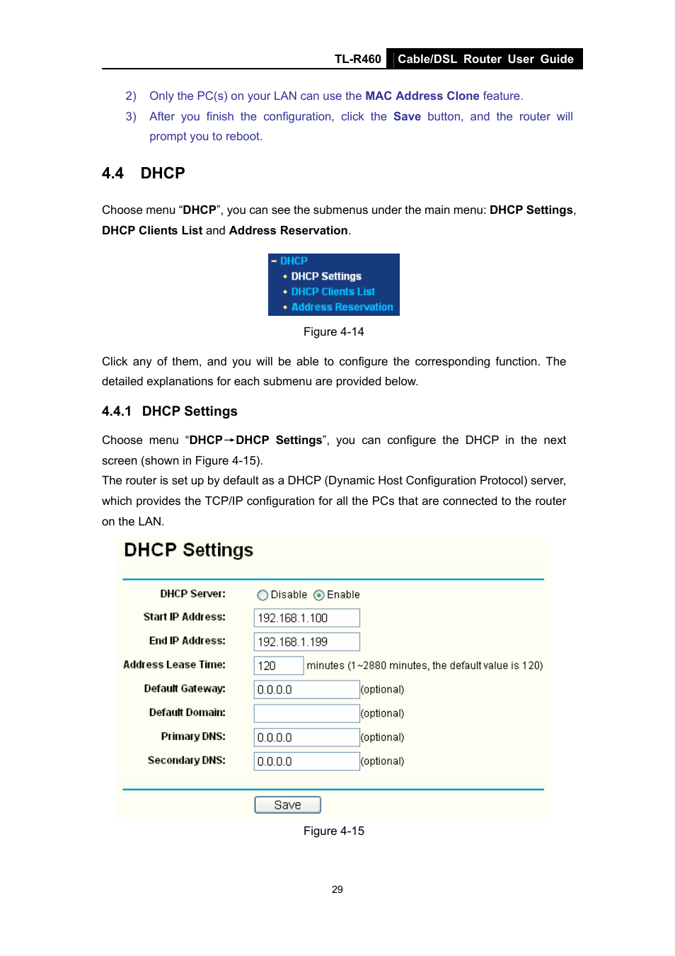 4 dhcp, 1 dhcp settings, Dhcp | Dhcp settings | TP-Link TL-R460 User Manual | Page 36 / 77
