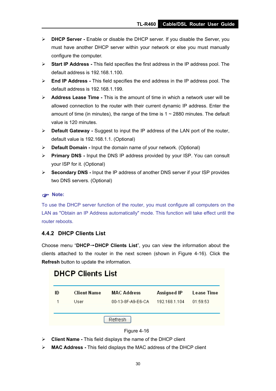 2 dhcp clients list, Dhcp clients list | TP-Link TL-R460 User Manual | Page 37 / 77