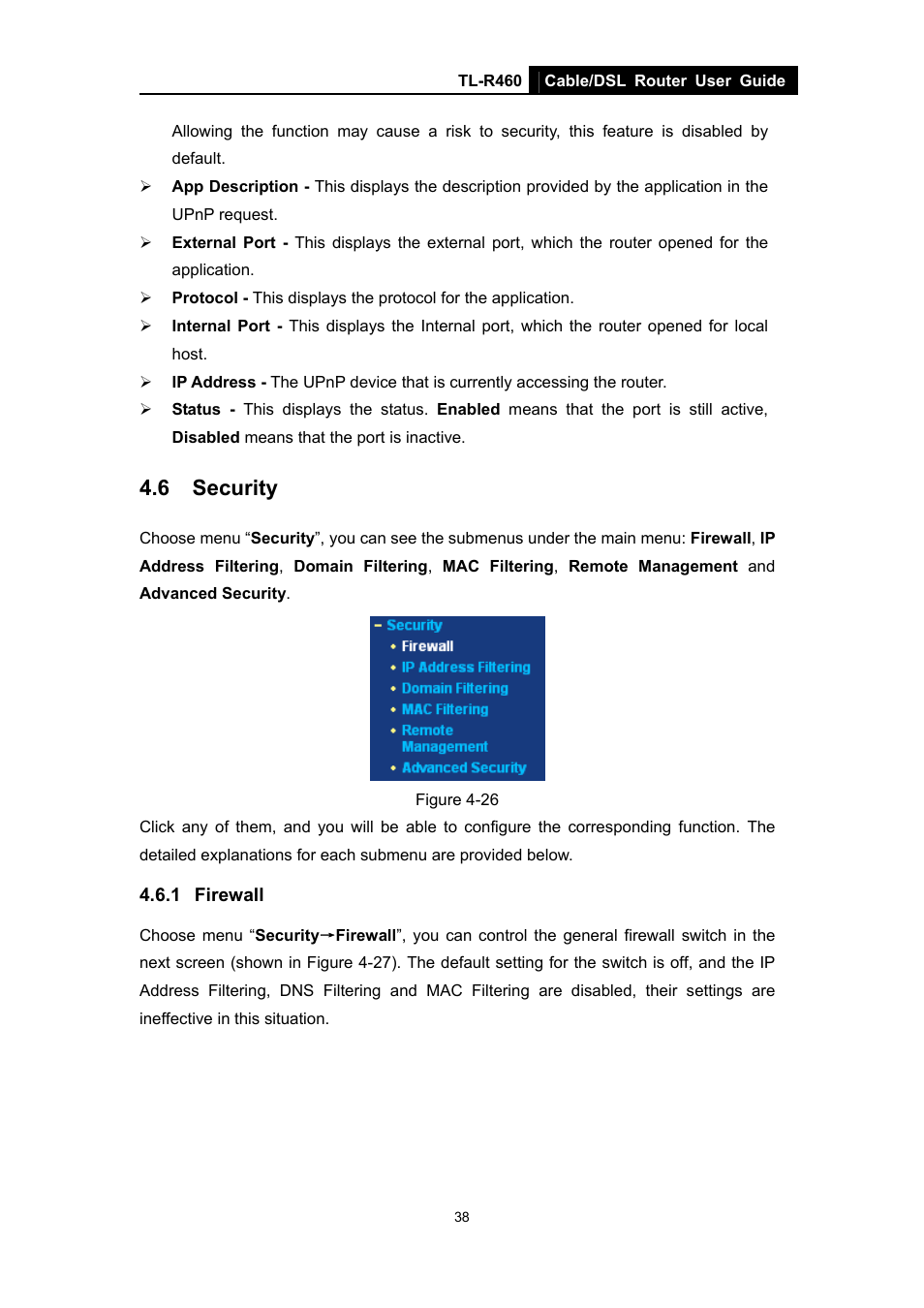 6 security, 1 firewall, Security | Firewall | TP-Link TL-R460 User Manual | Page 45 / 77