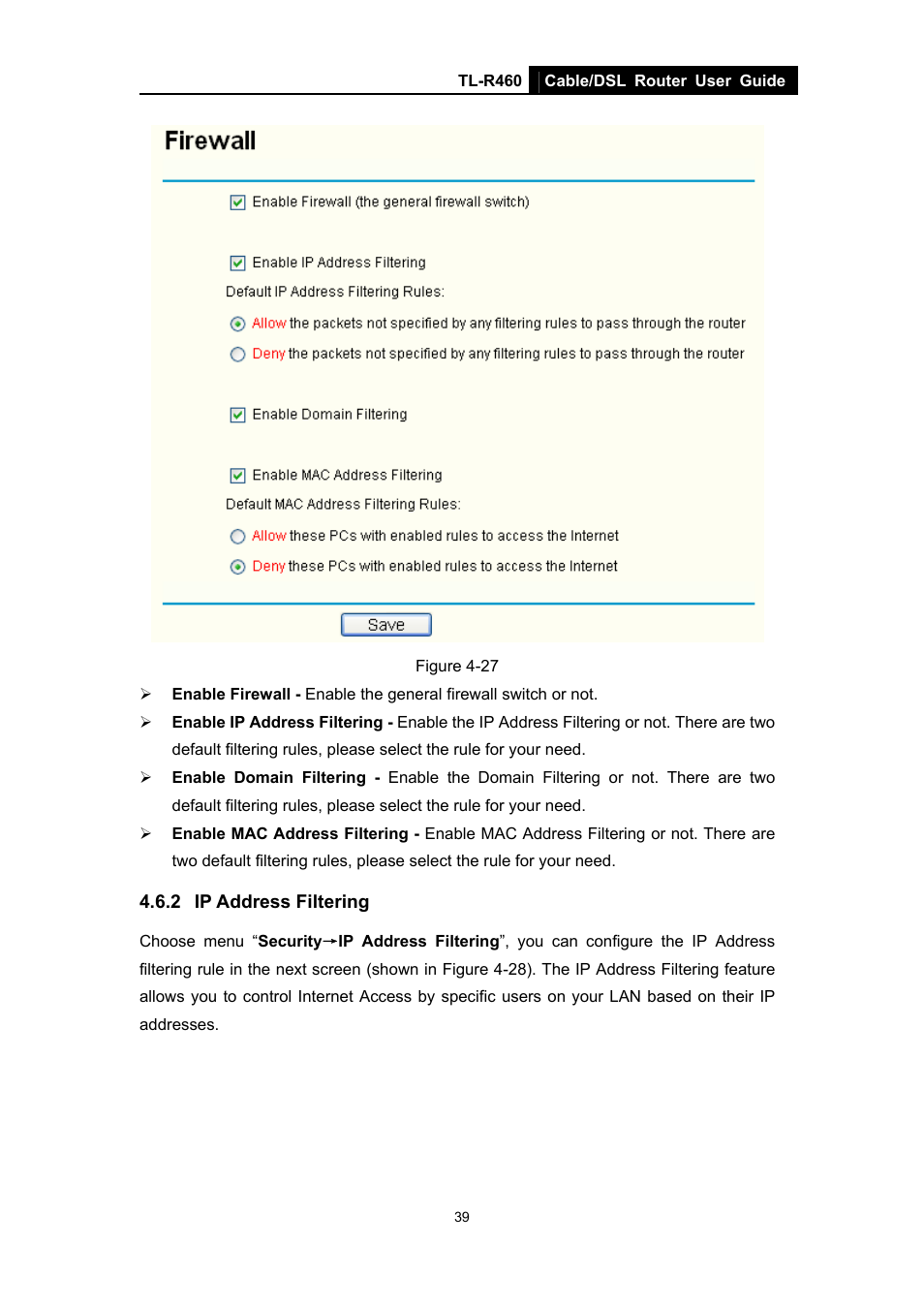 2 ip address filtering, Ip address filtering | TP-Link TL-R460 User Manual | Page 46 / 77