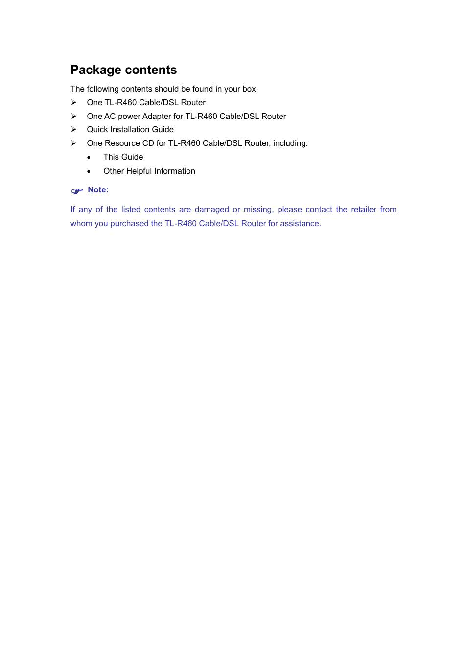 Package contents | TP-Link TL-R460 User Manual | Page 5 / 77