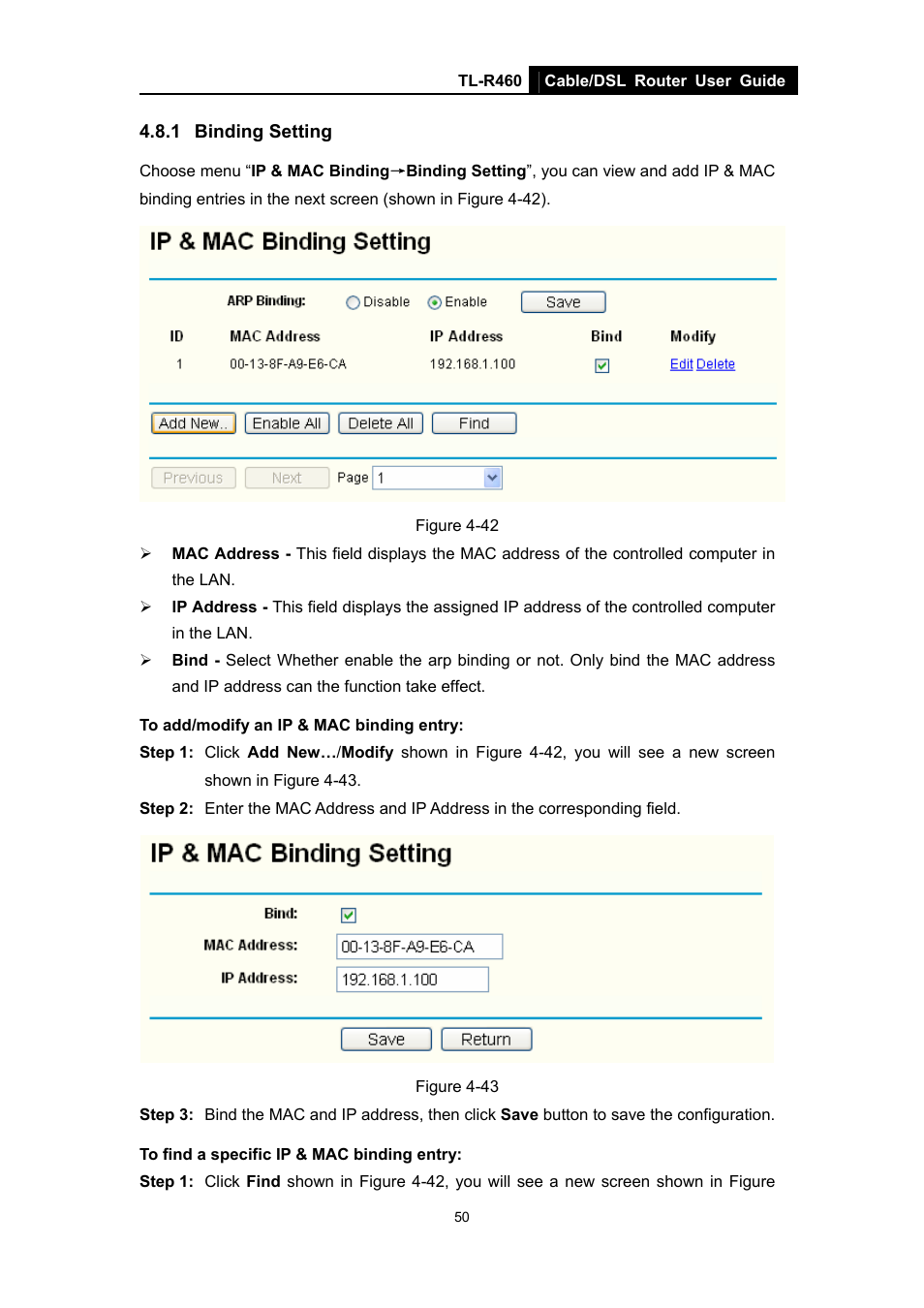 1 binding setting, Binding setting | TP-Link TL-R460 User Manual | Page 57 / 77