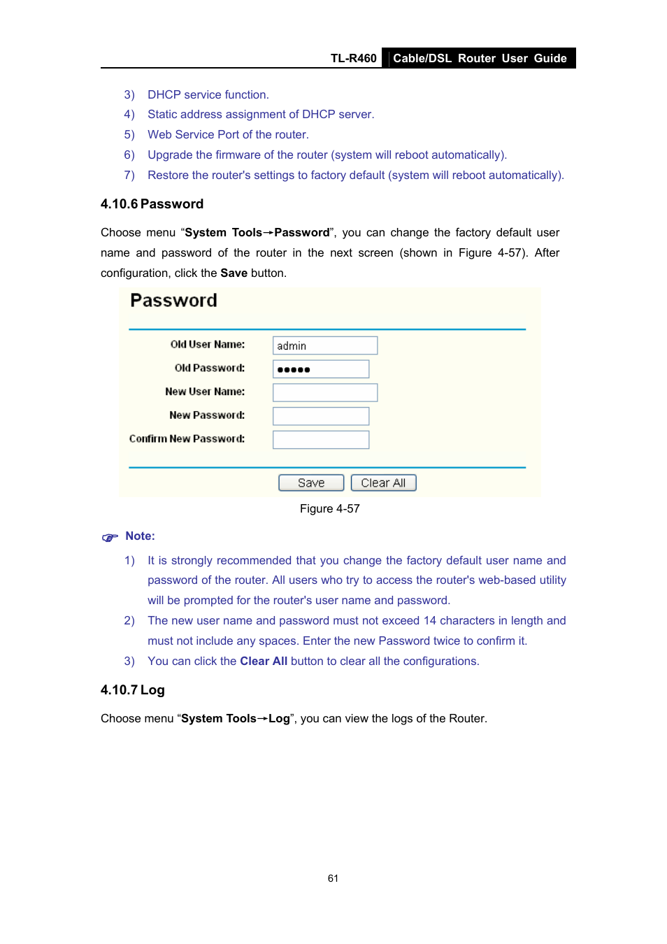 6 password, 7 log, 6 password 4.10.7 log | TP-Link TL-R460 User Manual | Page 68 / 77