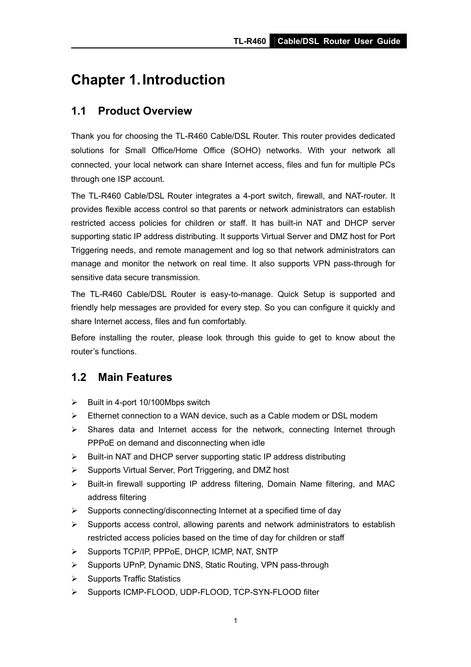 Chapter 1. introduction, 1 product overview, 2 main features | Product overview, Main features | TP-Link TL-R460 User Manual | Page 8 / 77