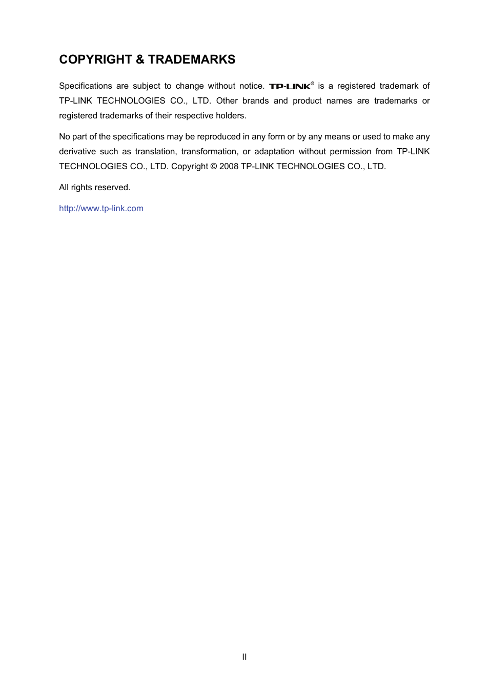 Copyright & trademarks | TP-Link TL-WN620G User Manual | Page 2 / 33