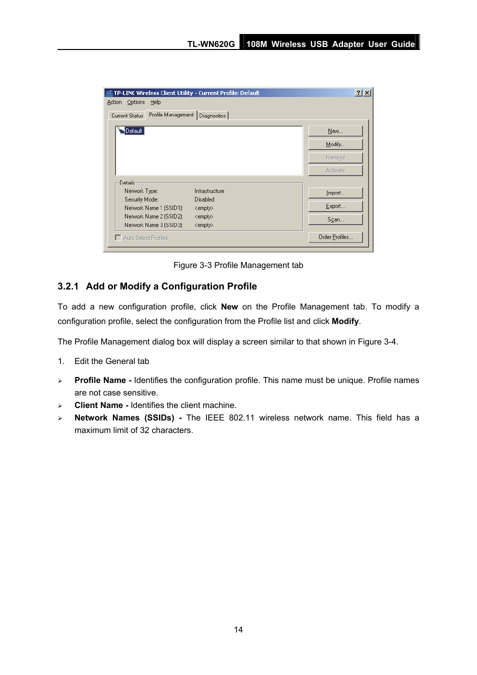 1 add or modify a configuration profile, Add or modify a configuration profile | TP-Link TL-WN620G User Manual | Page 21 / 33