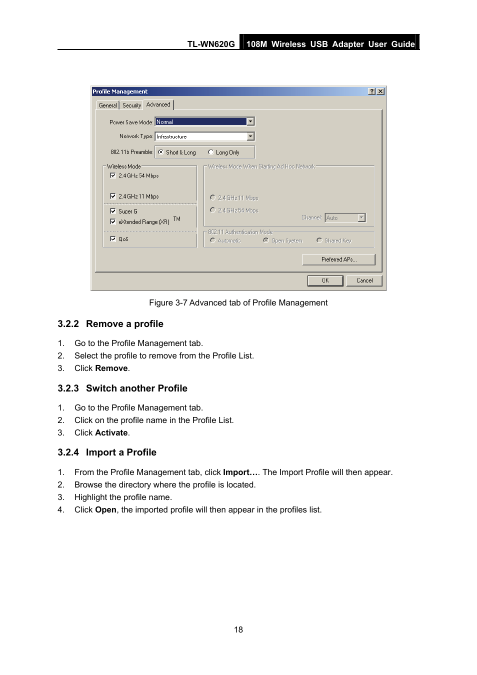 2 remove a profile, 3 switch another profile, 4 import a profile | Remove a profile, Switch another profile, Import a profile | TP-Link TL-WN620G User Manual | Page 25 / 33