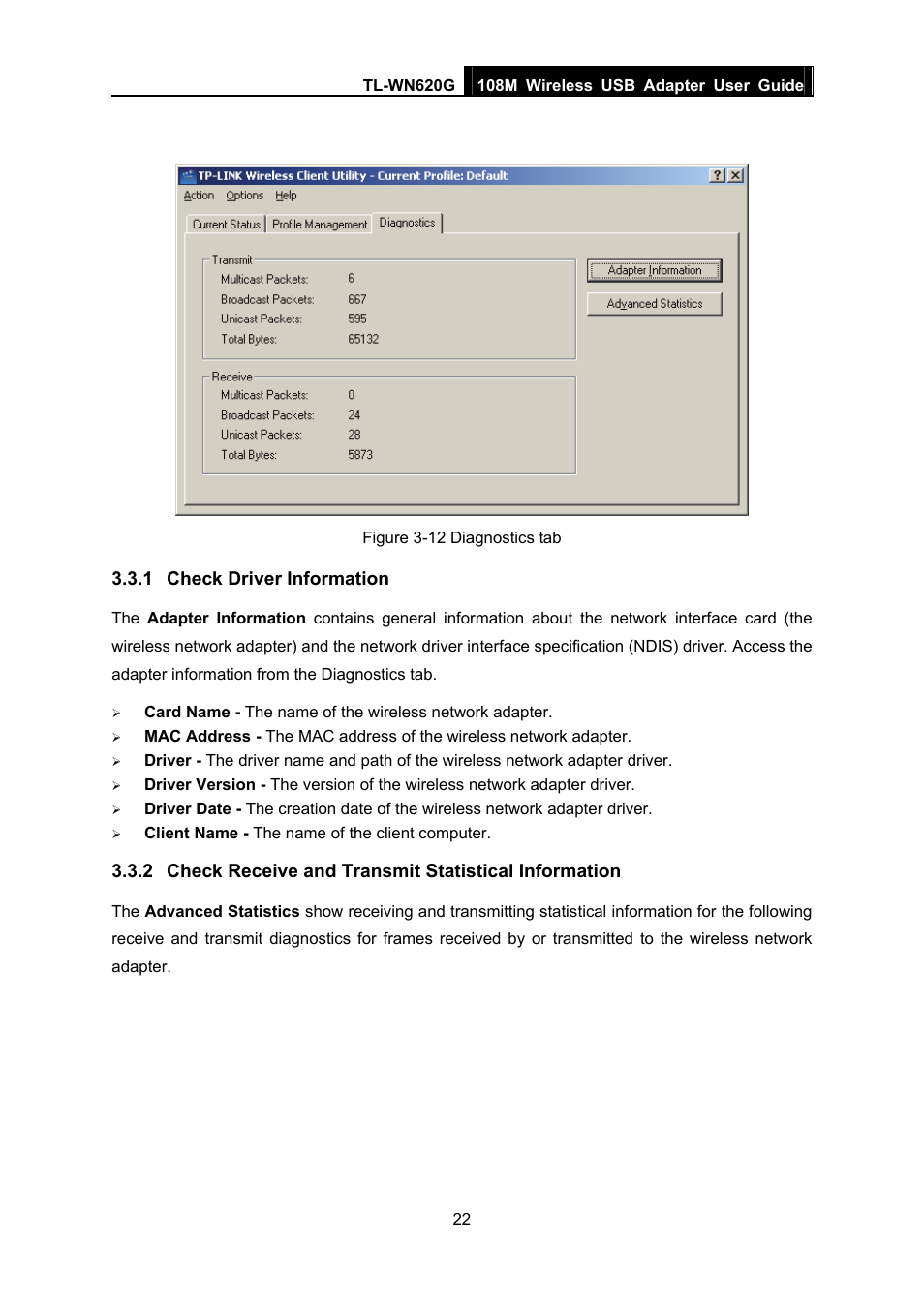 1 check driver information, Check driver information, Check receive and transmit statistical information | TP-Link TL-WN620G User Manual | Page 29 / 33