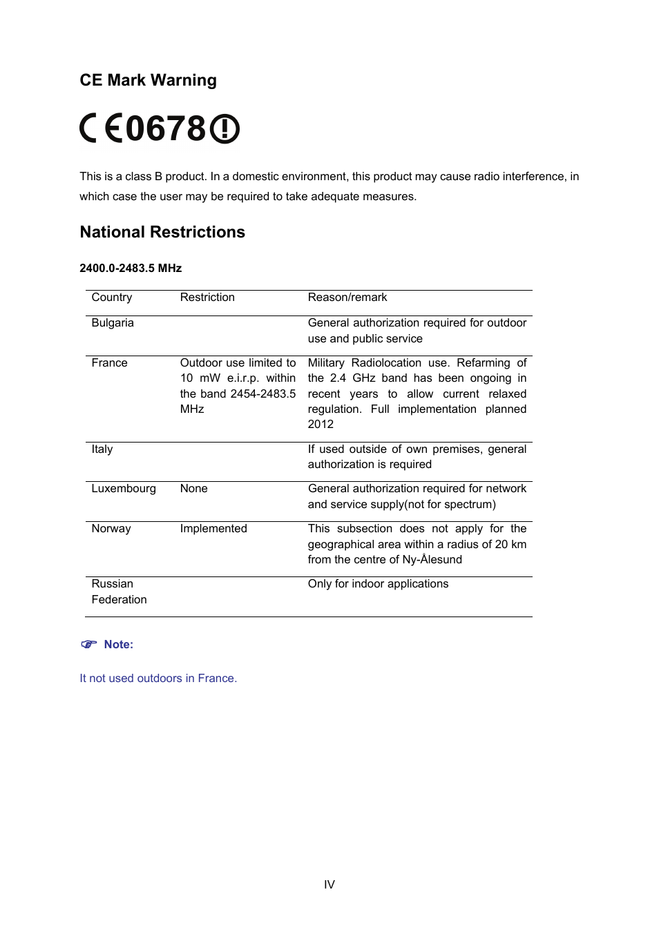 Ce mark warning, National restrictions | TP-Link TL-WN620G User Manual | Page 4 / 33