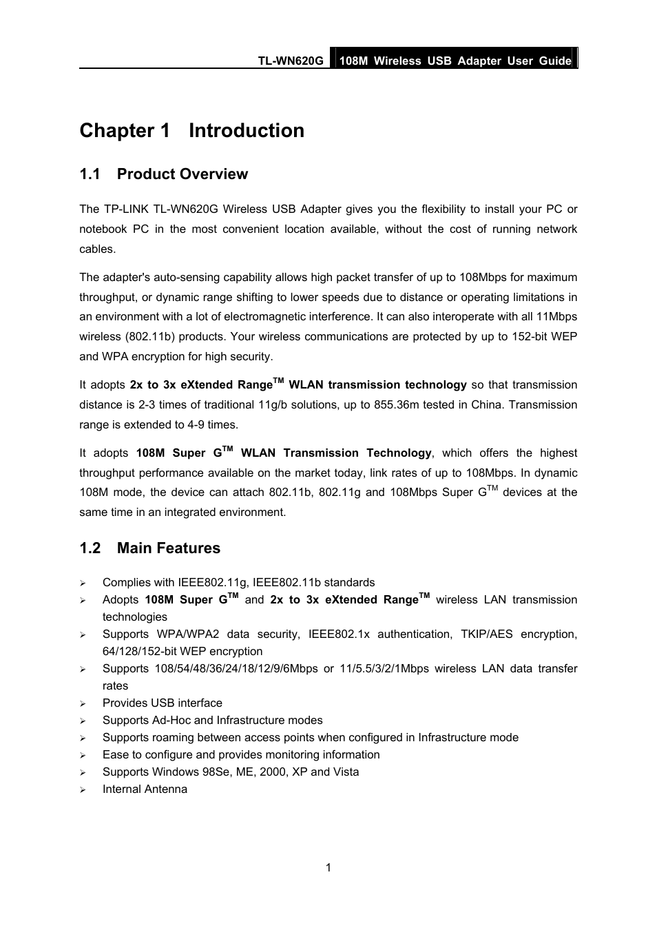 Chapter 1 introduction, 1 product overview, 2 main features | Chapter 1, Introduction, Product overview, Main features | TP-Link TL-WN620G User Manual | Page 8 / 33