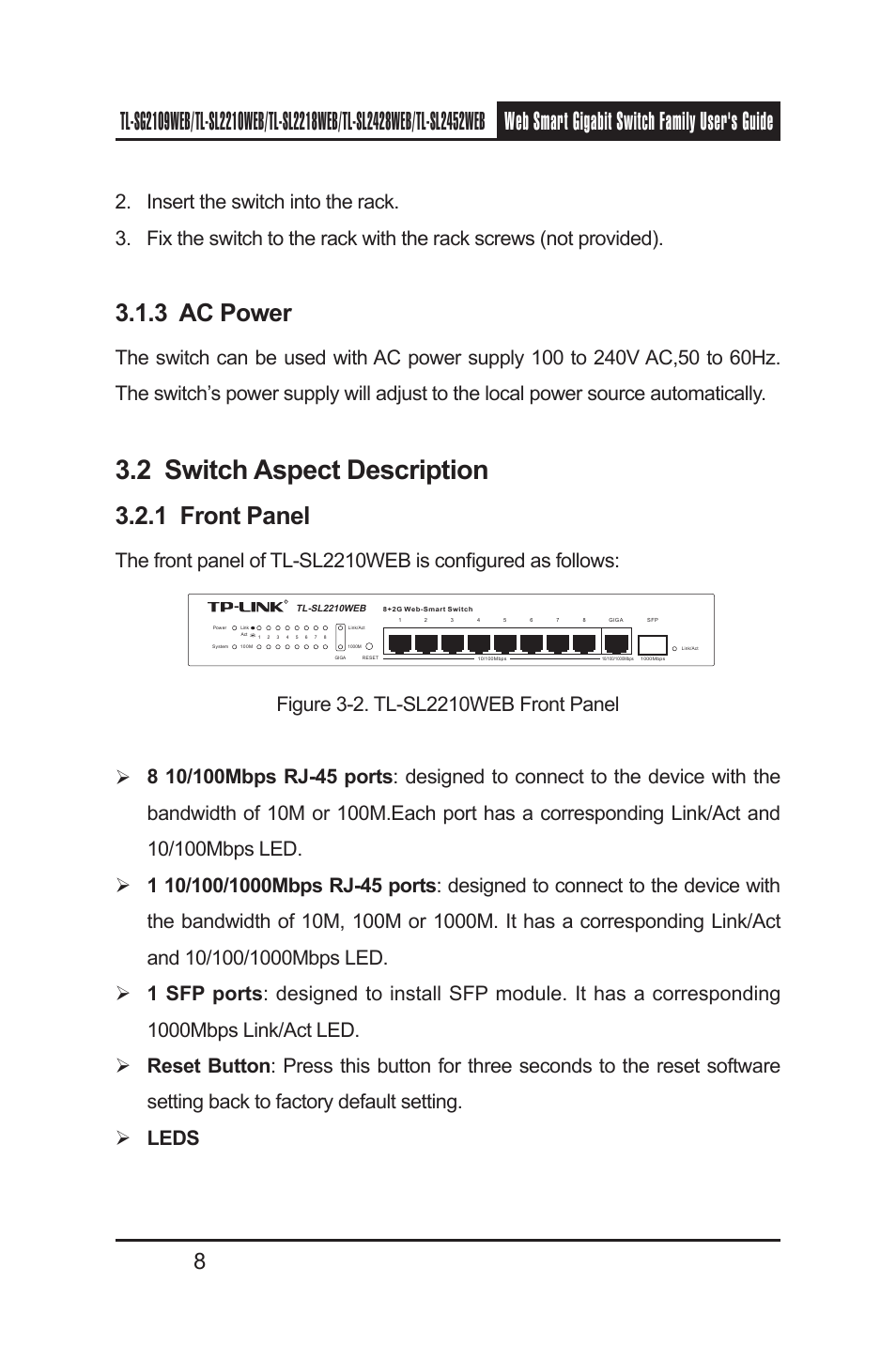 3 ac power, 2 switch aspect description, 1 front panel | TP-Link TL-SL2218WEB User Manual | Page 15 / 75