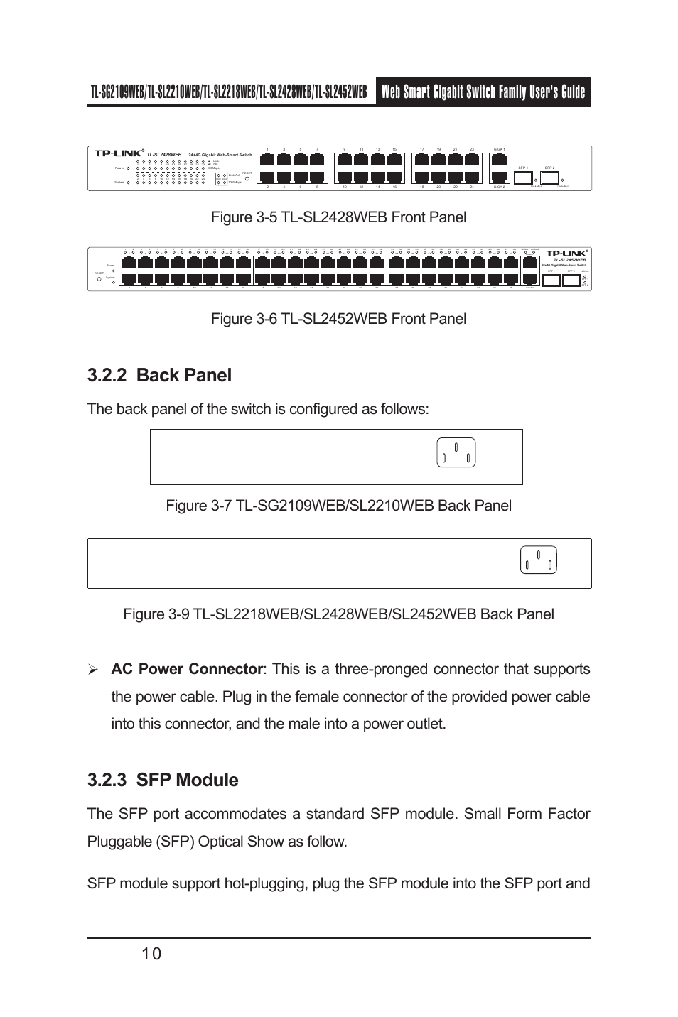 2 back panel, 3 sfp module, 2 back panel 3.2.3 sfp module | TP-Link TL-SL2218WEB User Manual | Page 17 / 75