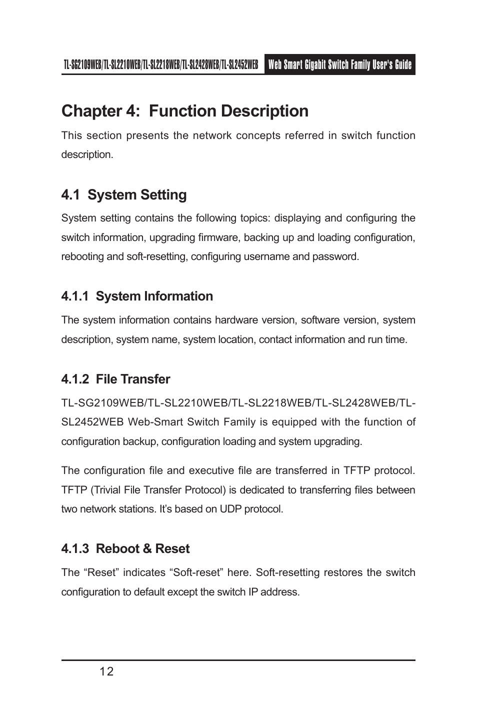 Chapter 4: function description, 1 system setting, 1 system information | 2 file transfer, 3 reboot & reset | TP-Link TL-SL2218WEB User Manual | Page 19 / 75