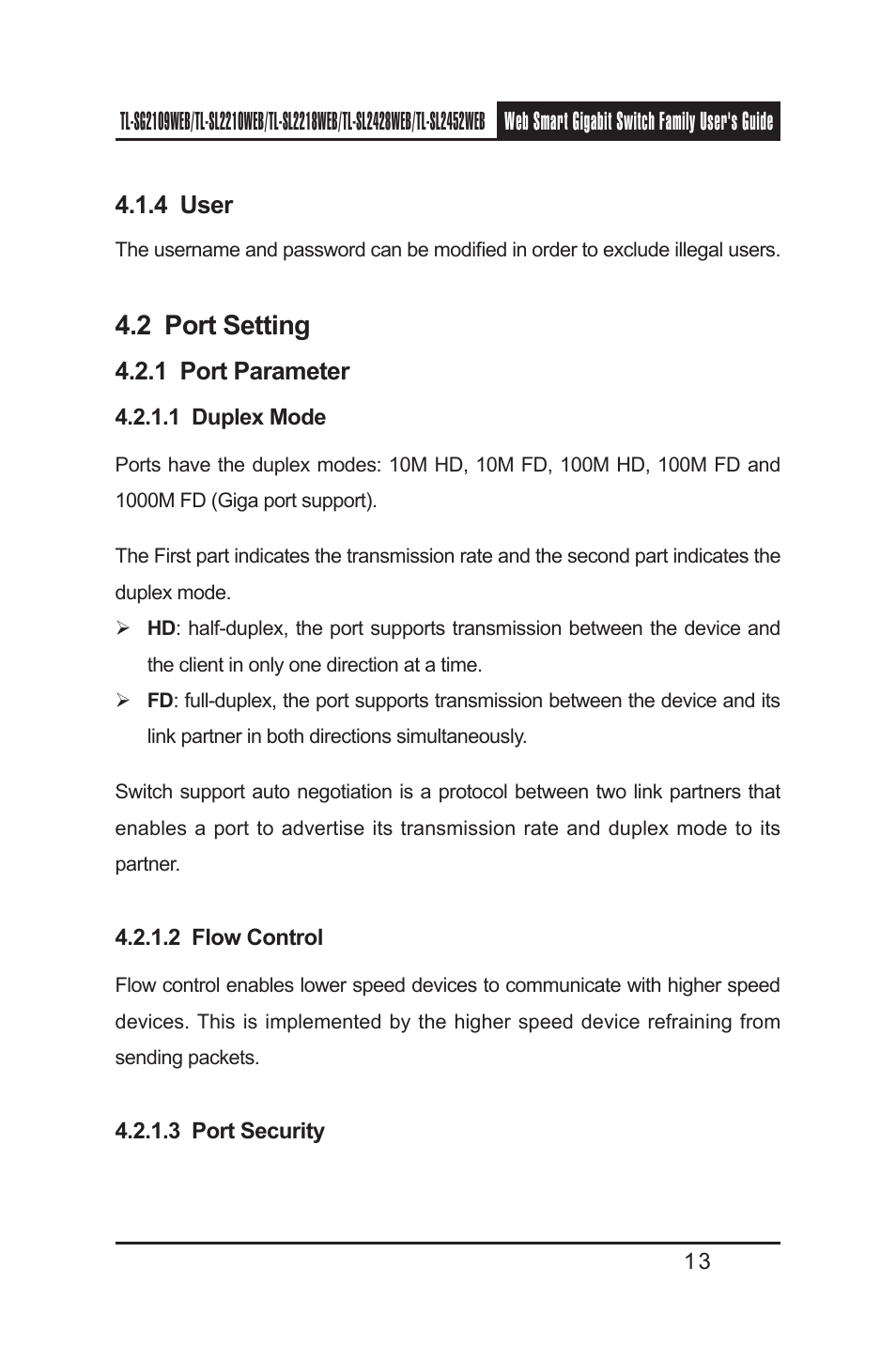 4 user, 2 port setting, 1 port parameter | 1 duplex mode, 2 flow control, 3 port security | TP-Link TL-SL2218WEB User Manual | Page 20 / 75