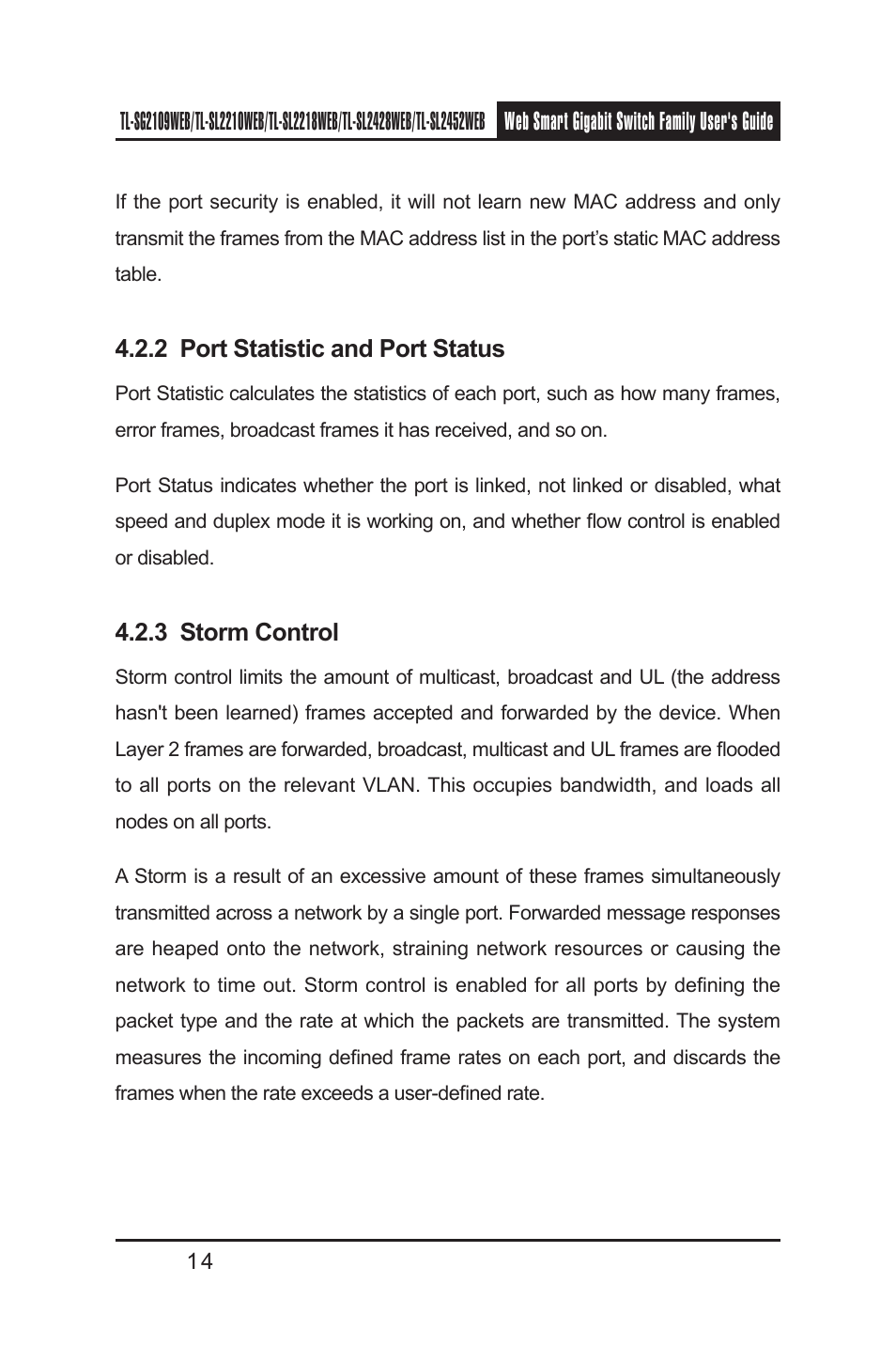 2 port statistic and port status, 3 storm control | TP-Link TL-SL2218WEB User Manual | Page 21 / 75