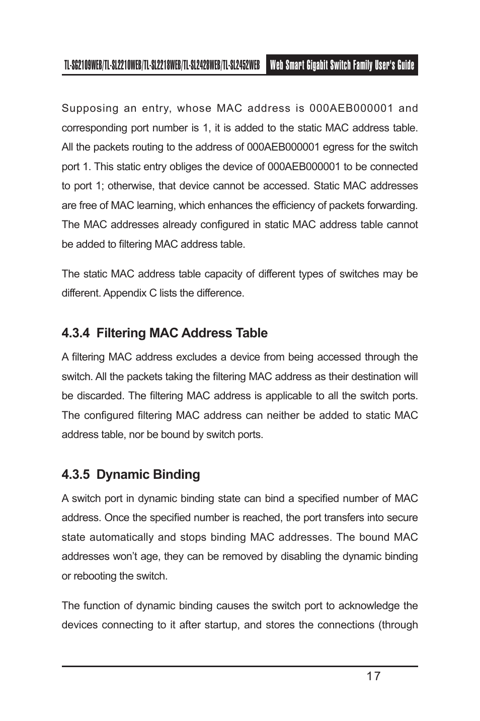 4 filtering mac address table, 5 dynamic binding | TP-Link TL-SL2218WEB User Manual | Page 24 / 75