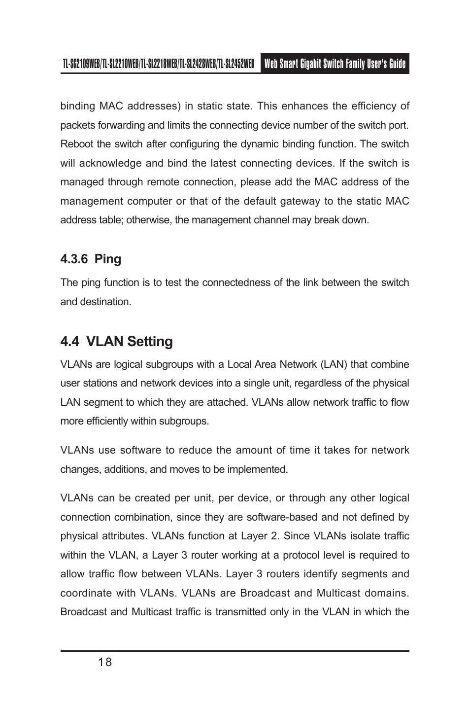 6 ping, 4 vlan setting, 6 ping 4.4 vlan setting | TP-Link TL-SL2218WEB User Manual | Page 25 / 75