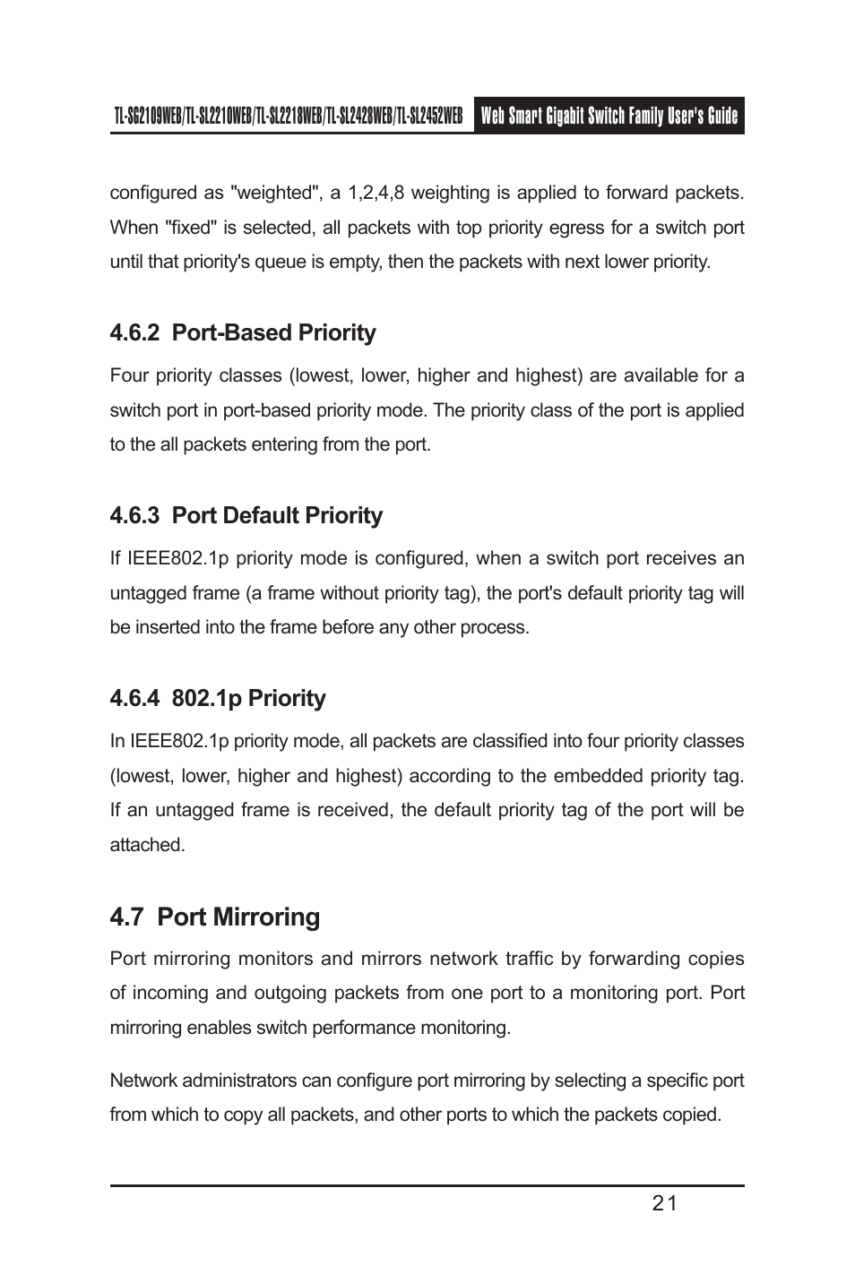 2 port-based priority, 3 port default priority, 4 802.1p priority | 7 port mirroring, 2 port-based priority 4.6.3 port default priority, 4 802.1p priority 4.7 port mirroring | TP-Link TL-SL2218WEB User Manual | Page 28 / 75