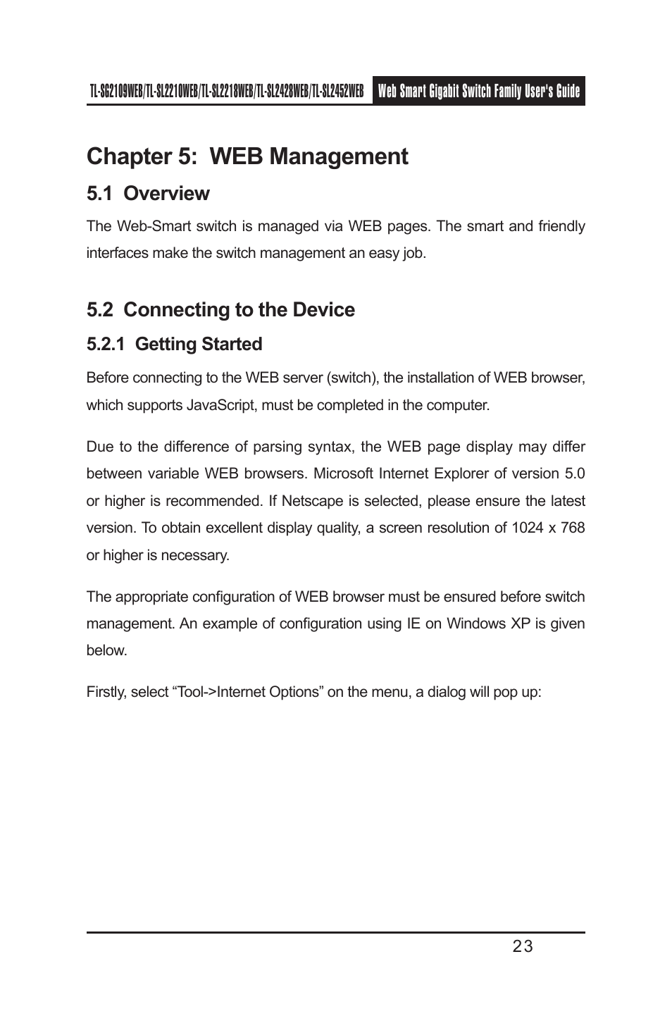Chapter 5: web management, 1 overview, 2 connecting to the device | 1 getting started | TP-Link TL-SL2218WEB User Manual | Page 30 / 75