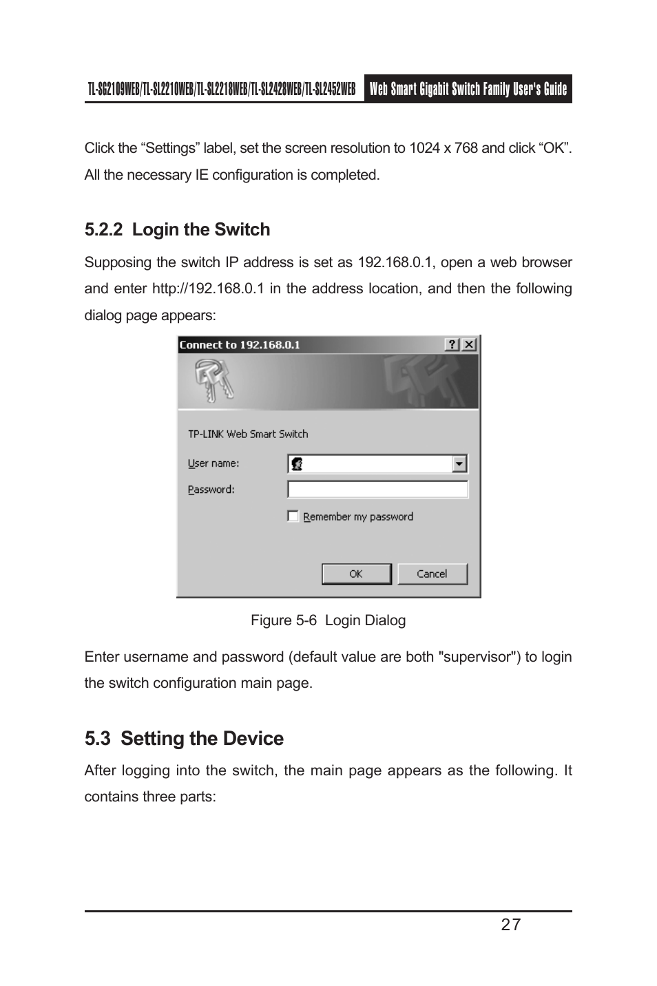 2 login the switch, 3 setting the device, 2 login the switch 5.3 setting the device | TP-Link TL-SL2218WEB User Manual | Page 34 / 75