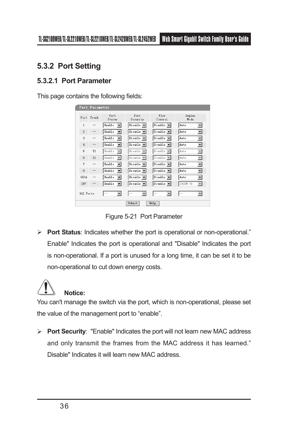 2 port setting, 1 port parameter, 2 port setting 5.3.2.1 port parameter | TP-Link TL-SL2218WEB User Manual | Page 43 / 75