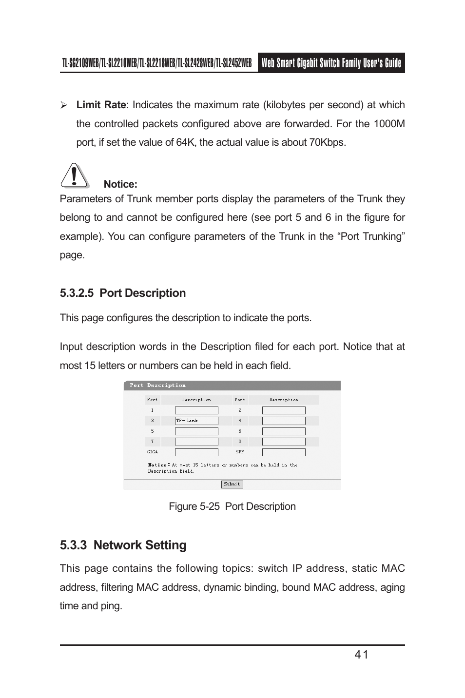 5 port description, 3 network setting, 5 port description 5.3.3 network setting | TP-Link TL-SL2218WEB User Manual | Page 48 / 75