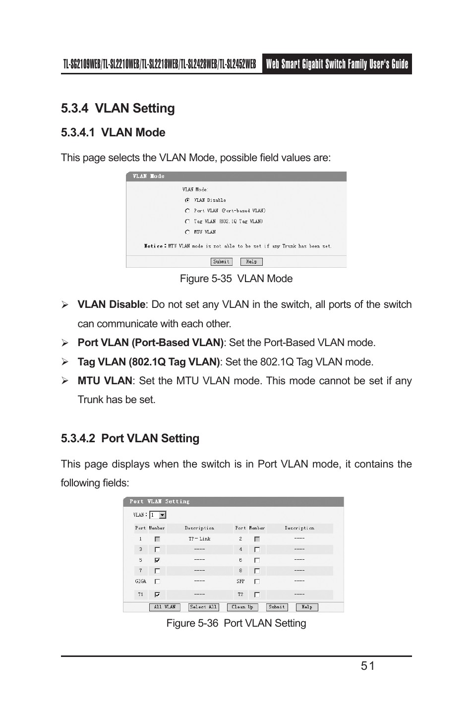 4 vlan setting, 1 vlan mode, 2 port vlan setting | TP-Link TL-SL2218WEB User Manual | Page 58 / 75