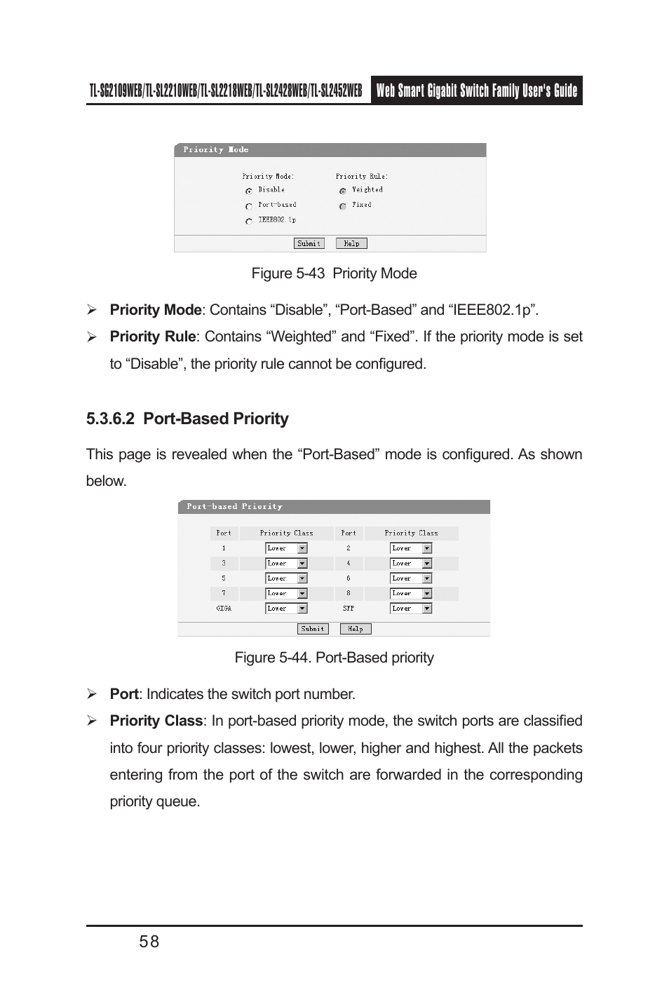 1 priority mode, 2 port-based priority, 1 priority mode 5.3.6.2 port-based priority | TP-Link TL-SL2218WEB User Manual | Page 65 / 75
