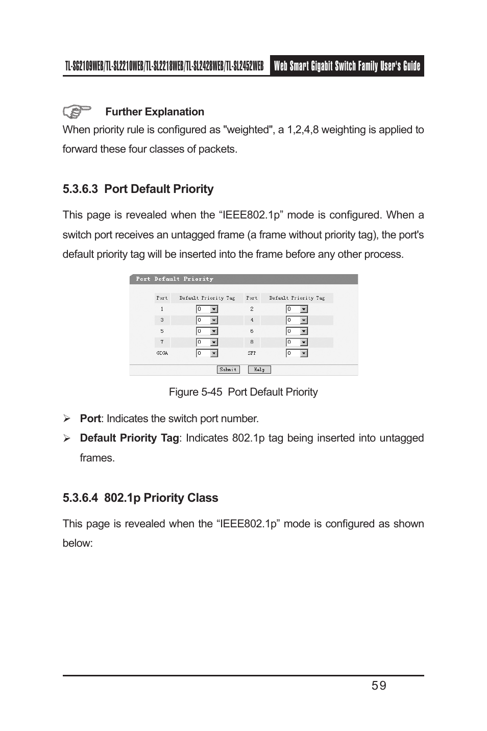 3 port default priority, 4 802.1p priority class | TP-Link TL-SL2218WEB User Manual | Page 66 / 75