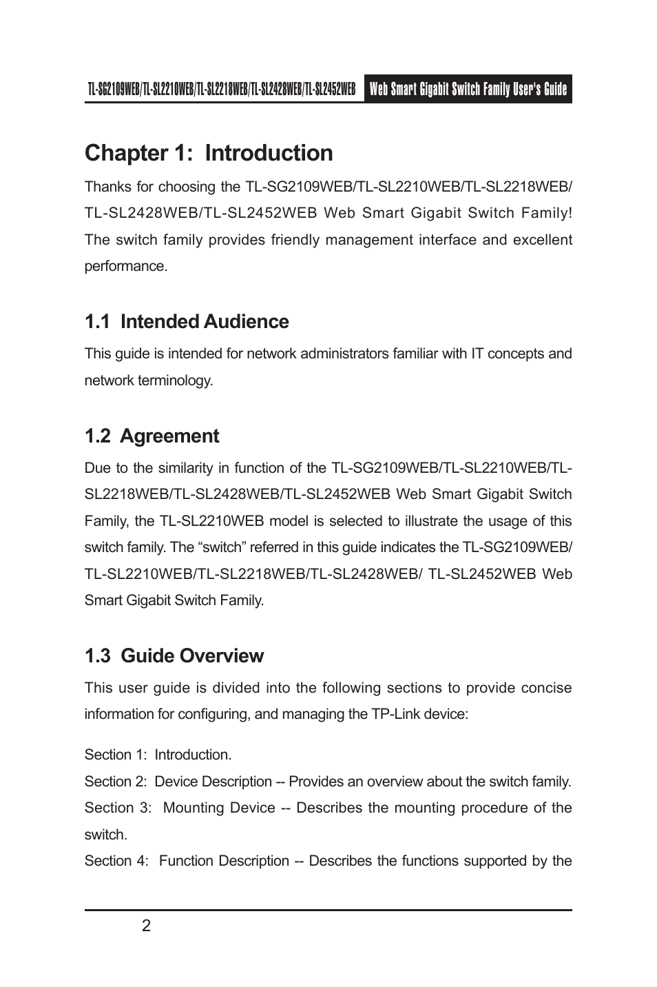 Chapter 1: introduction, 1 intended audience, 2 agreement | 3 guide overview | TP-Link TL-SL2218WEB User Manual | Page 9 / 75