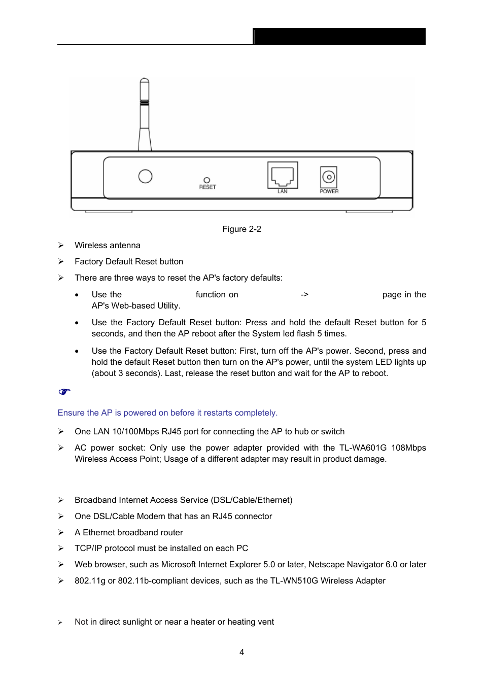 2 the back panel, 3 system requirements, 4 installation environment requirements | The back panel, System requirements, Installation environment requirements | TP-Link TL-WA601G User Manual | Page 10 / 42