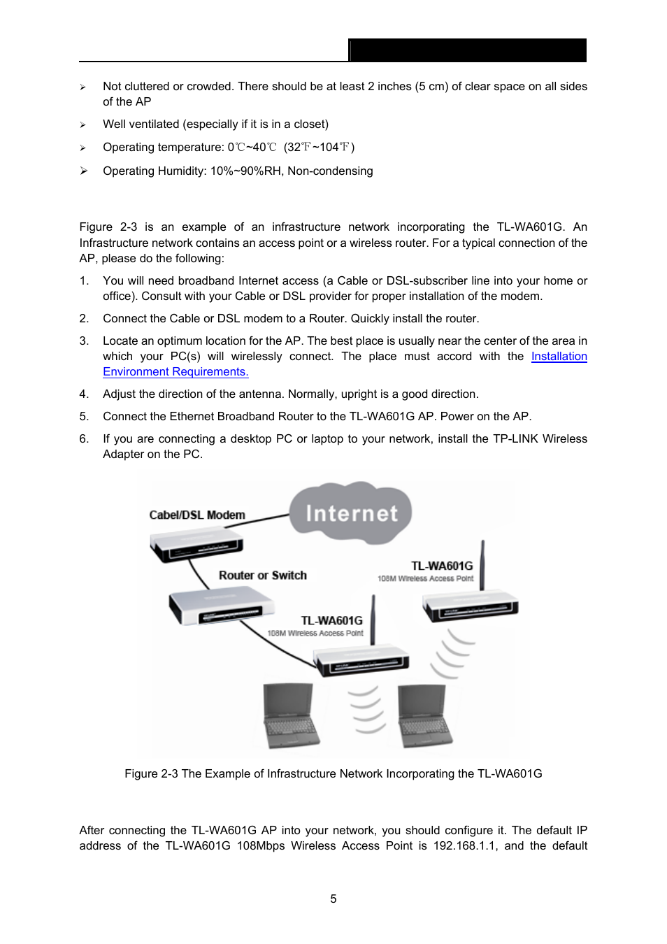 5 connecting the device, 6 configure pc, Connecting the device | Configure pc | TP-Link TL-WA601G User Manual | Page 11 / 42