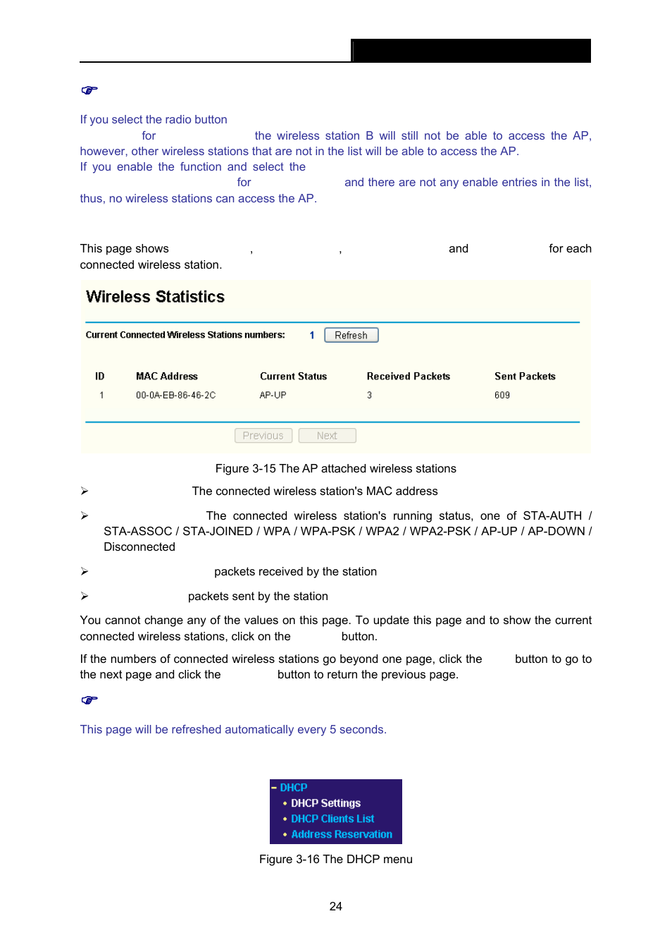 6 wireless statistics, 5 dhcp, Dhcp | TP-Link TL-WA601G User Manual | Page 30 / 42