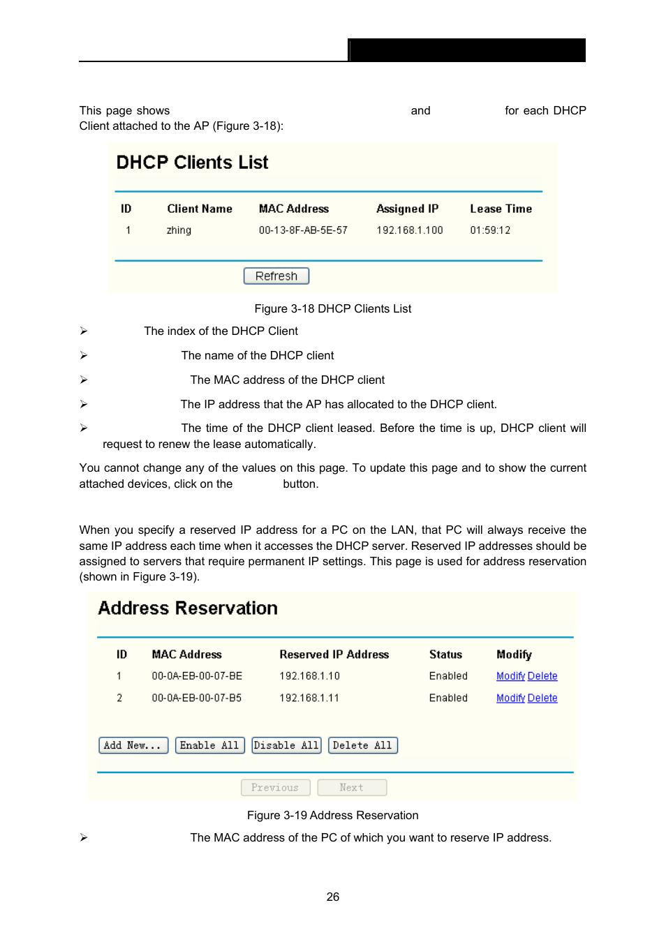 2 dhcp clients list, 3 address reservation | TP-Link TL-WA601G User Manual | Page 32 / 42