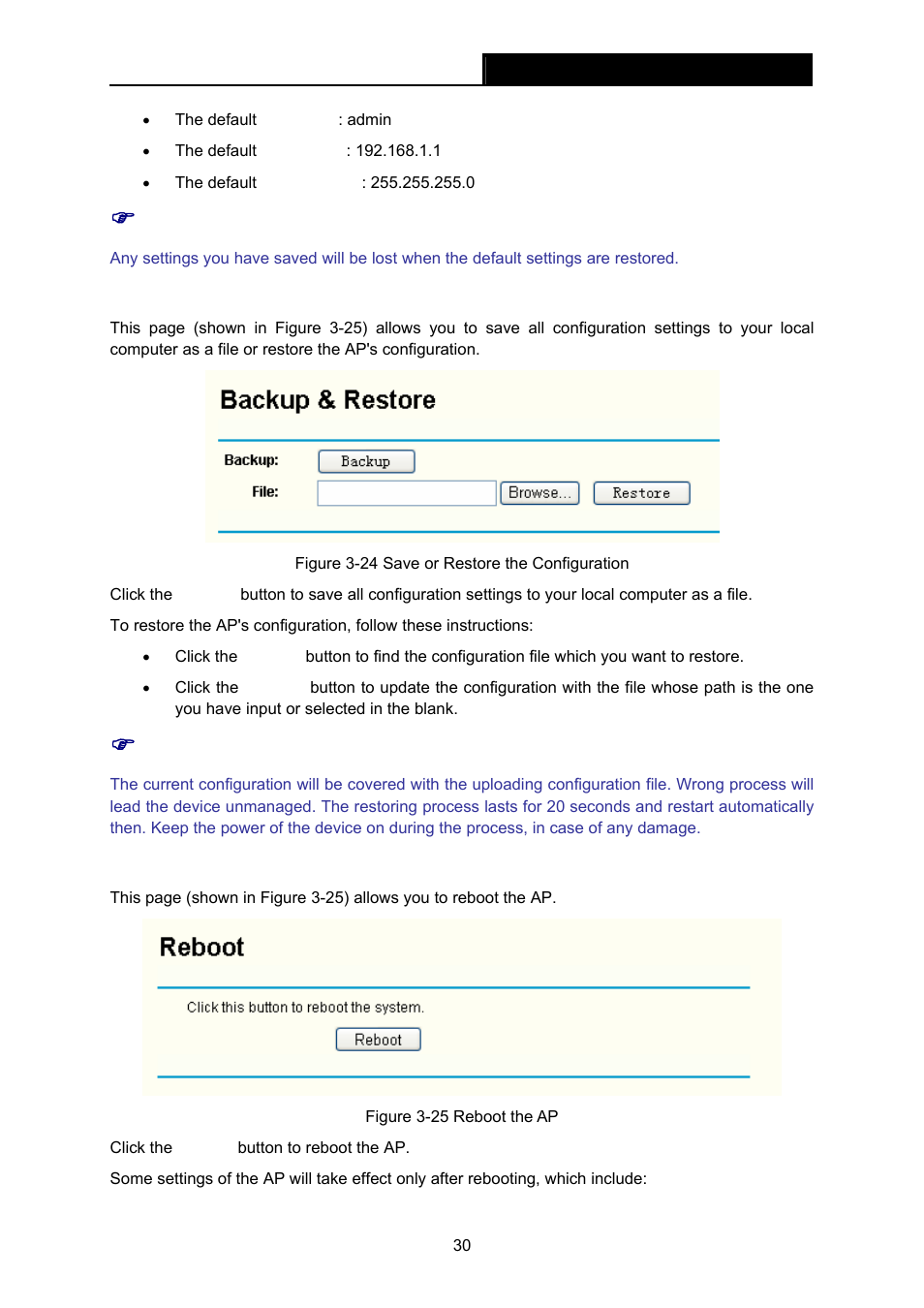 3 backup & restore, 4 reboot | TP-Link TL-WA601G User Manual | Page 36 / 42