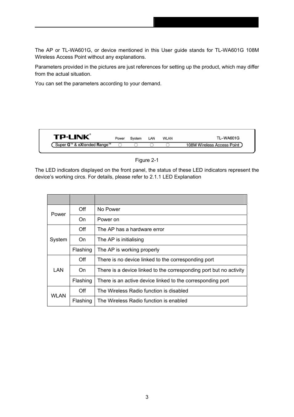 3 conventions, Chapter 2 hardware installation, 1 the front panel | 1 led explanation, Conventions, Chapter 2, Hardware installation, The front panel | TP-Link TL-WA601G User Manual | Page 9 / 42