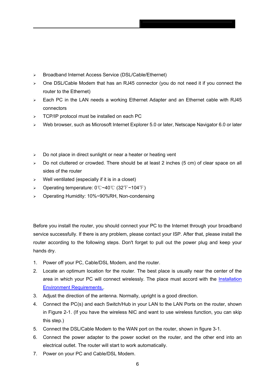 Chapter 2. connecting the router, 1 system requirements, 2 installation environment requirements | 3 connecting the router, Chapter 2, Connecting the router, System requirements, Installation environment requirements | TP-Link TL-WR642G User Manual | Page 13 / 85