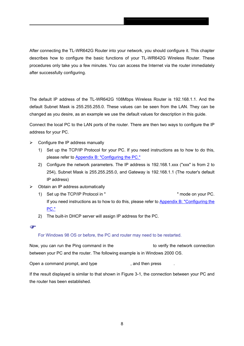 Chapter 3. quick installation guide, 1 tcp/ip configuration, Chapter 3 | Quick installation guide, Tcp/ip configuration | TP-Link TL-WR642G User Manual | Page 15 / 85
