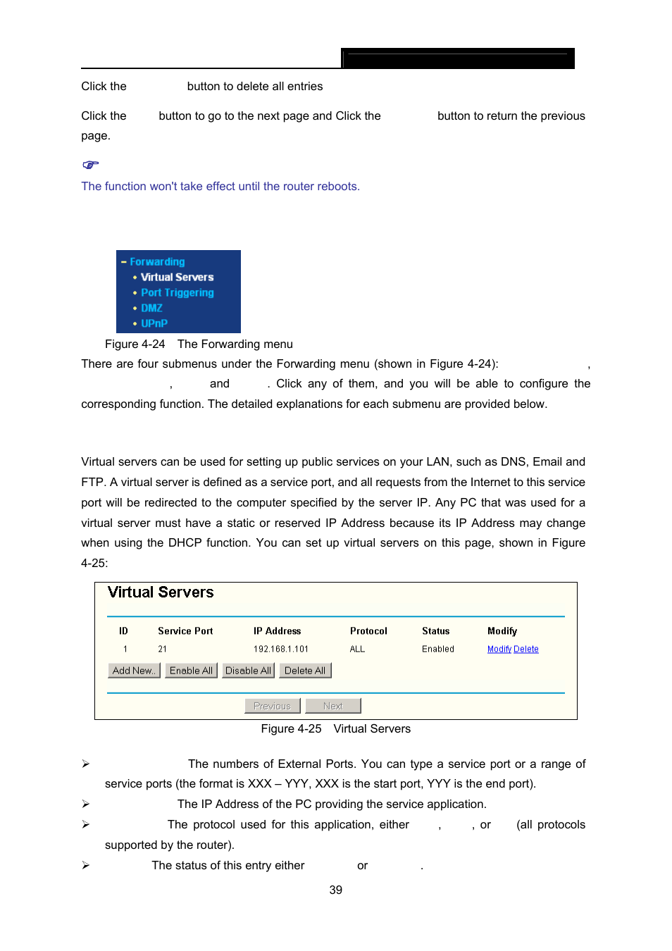 7 forwarding, 1 virtual servers, Forwarding | Virtual servers | TP-Link TL-WR642G User Manual | Page 46 / 85