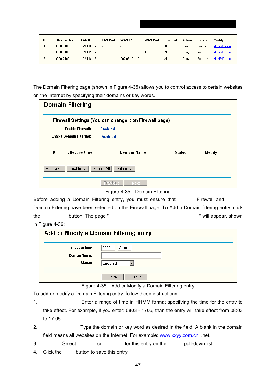3 domain filtering, Domain filtering | TP-Link TL-WR642G User Manual | Page 54 / 85