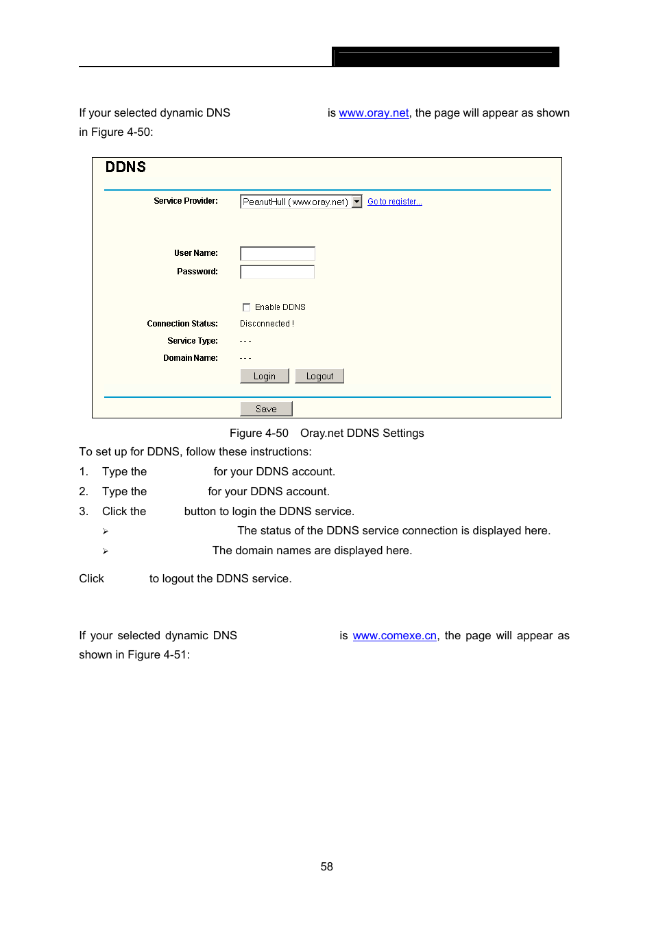 2 oray.net ddns, 3 comexe.cn ddns | TP-Link TL-WR642G User Manual | Page 65 / 85