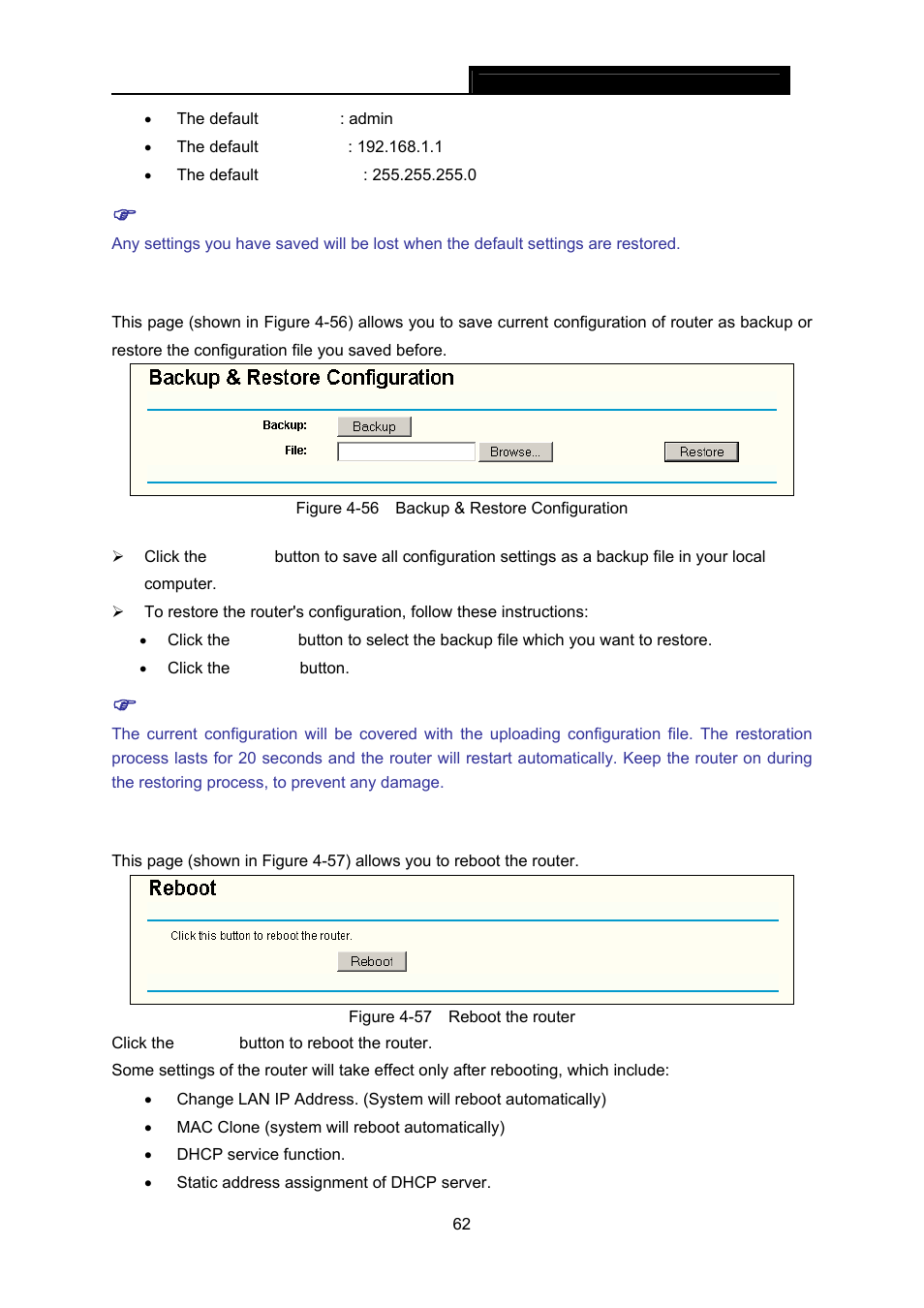 4 backup & restore, 5 reboot, Reboot | TP-Link TL-WR642G User Manual | Page 69 / 85